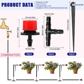 120 Pieces Automatic Drip Irrigation Set, VooGenzek 40 Adjustable Micro Drip Droppers + 40 T Connectors + 40 Micro Drip Pipe Holders for Hose 4/7 mm, for Garden, Lawn, Greenhouse, Red
