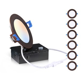 CLOUDY BAY Ultra Thin LED Recessed Ceiling Light,4 inch 3000K/ 4000K/ 5000K Selectable,Dimmable 10W CRI90+,Canless Light with Junction Box,IC Rated,Air Tight, ETL/JA8, Oil Rubbed Bronze,6 Pack