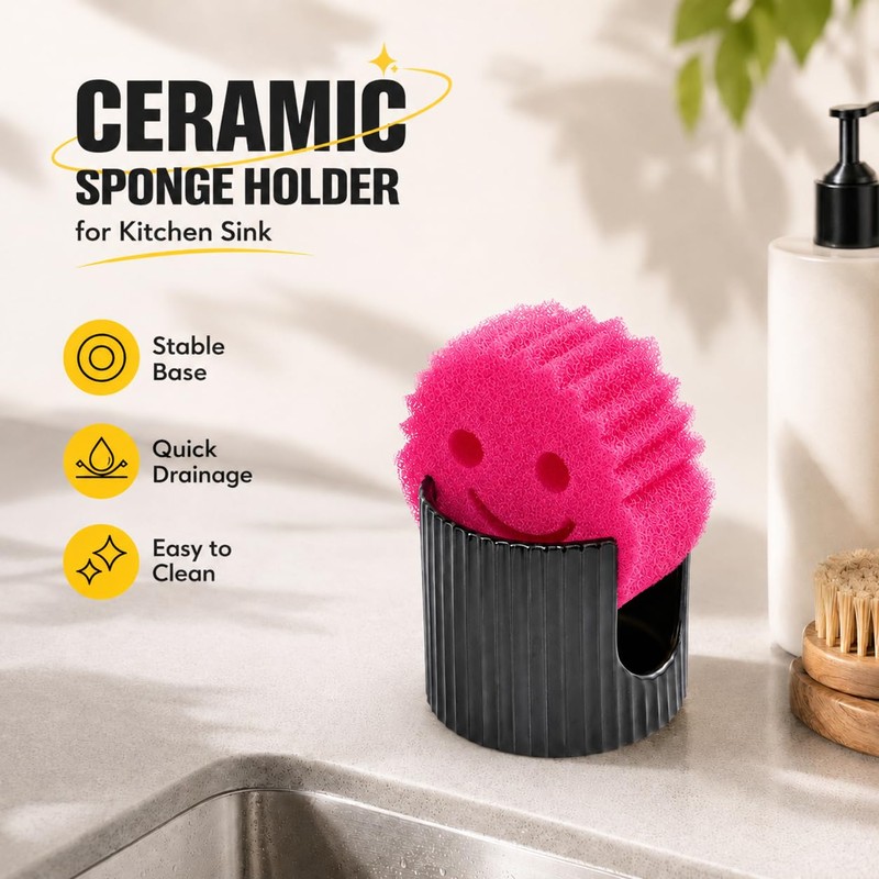 Ceramic Sponge Holder for Kitchen Sink - Dishwasher Safe Porcelain