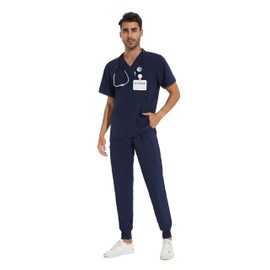 COZYFIT Men Scrubs Set — Stretch V-Neck Scrub Top & Jogger Pant with 8 Pockets, Yoga Waistband, Anti-Wrinkle - Navy Blue, 2XL