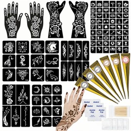 95 PCS Temporary Tattoos Stencils Kit,Temporary Tattoos Kit,6 Pcs 3 Color(black*3,brown*2 & Red*1) Ink with Gloves, 6 removal wipes,10 disposable cotton swabs DIY Body Art Painting for Adults Kids