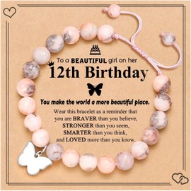 Vesmiga 12 Year Old Girl Gifts - Birthday Gift for Girls, Girl Birthday Presents, Pink Heart Zebra Jasper Bracelet with Number for Teenage Daughter Granddaughter Niece