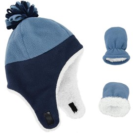 Winter Toddler Hat Mittens Set Fleece Hat Warm Long Earflap Kids Caps Lined Toddler Gloves Trapper Hat Pom Beanie Cap with Circle Loop Scarf for Infant Kids Boys Girls Blue