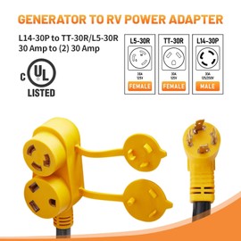 MECMO 30 Amp RV Generator Power Adapter Cord - NEMA L14-30P Male to Dual TT-30R & L5-30R Female Outlets, 4 Prong Twist Lock 30A 125/250V to Two 30A 125V Splitter for Travel Trailer Camper, ETL Listed