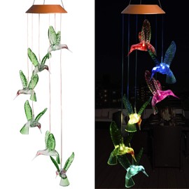 LED Solar Hummingbird Wind Chimes Outdoor - Waterproof Mobile Changing Light Color Wind Chime, Six Hummingbirds LED Wind Chimes for Home, Xmas Mom Gifts, Party, Festival Decor, Night Garden Decoration