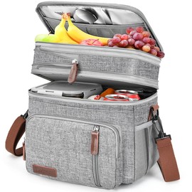 BAGNN Lunch Box for Women/Men-Insulated Lunch Bag-Expandable Double Cooler Bag-Reusable Adult Lunchbox with Adjustable Shoulder Strap-Waterproof&Leakproof Lunch Tote for Work/Picnic/Beach-Gray