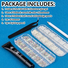 Nail Art Rhinestone Glue Gel&2 Boxes Flatback Gems Accessories Kit, 1 Tube of 15ml Rhinestone Gel Glue(UV/LED Needed)+Round AB Gems+Flat-back Half Round White&Beige Pearls with Pickup Tools