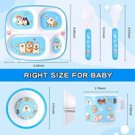 5-Piece Kids Melamine Dinnerware Set Divided Plate, Bowl, Cup, Fork & Spoon BPA-Free, Cartoon Animal Design for Toddlers & Children (Puppy Band)