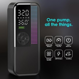 Tire Inflator Portable Air Compressor, 150 PSI Cordless Air Pump, Dual Power 6000mAh, 12V DC Car Plug, Fast Inflation 24L/Min, Auto Shut-Off, LED Light, 4 Preset Modes for Car, Bike, Motorcycle, Balls