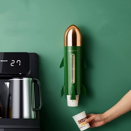 Jaugufiy Rocket Shape Disposable Paper Cup Dispenser Wall Mounted Cup Storage Disposable Cup Holder with Tea Bag Storage Box for Home Office (Green)