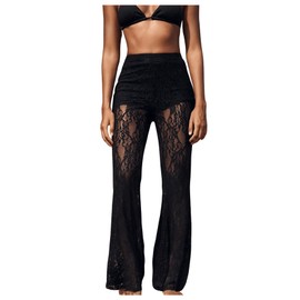 RoseSeek Women's Floral Lace Sheer Mesh Flare Pants Elastic High Waisted Long Trousers Black Large