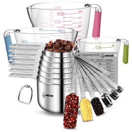 AIKEXIN Measuring Cups and Spoons Set of 20 - Stackable Stainless Steel Measuring Cups Spoons & Plastic Measuring Cup for Dry and Liquid Ingredients, Cooking & Baking Kitchen Gadgets