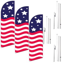 (Pack of 3) American Glory 6ft Feather Flags Outdoor Signs with complete 8ft poles Kit, Pack Includes 3 Flags and 3 Poles with 3 Ground Stakes