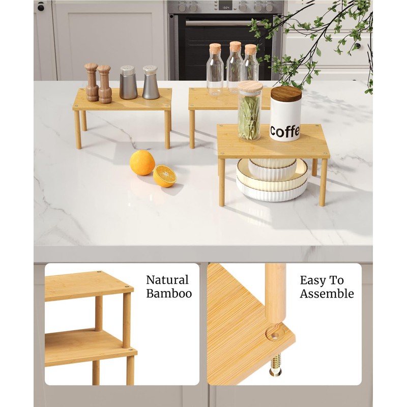 Danfoxer Cabinet Organizer Shelf(Set of 3),Bamboo Kitchen Counter Shelves for