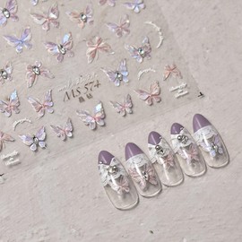 Laser Butterfly Nail Art Sticker Holographic Pink Butterfly Self Adhesive Nail Decal with Diamond Gems Design Accessories 5D Embossed Nail Stickers for Women DIY Manicure Decoration 1 Sheet