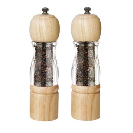 ManGotree Pepper Mill & Salt Grinder Set | Natural Solidwood with Acrylic Visible Window | Adjustable Coarseness – Perfect for Gourmet Cooking, 8 Inch, 2 Pack (Natural)