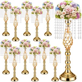 12 Pcs Gold Wedding Centerpieces for Table Gold Crystal Flower Stand 19.3 inch Tall Flower Vase with Chandelier Metal Flower Holders for Wedding Party Reception Dinner Event Tabletop Decorations