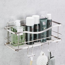 iLikeNew Luxury Multipurpose Storage Caddy, 12.75W x 5D x 5H inches, 4 Hooks, Peel and Stick, Rustproof Stainless Steel, Shower Organizer, Under-Sink, Spice Rack Wall Shelf (2)