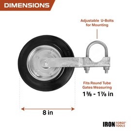 Iron Forge Tools Fence Gate Wheel for Metal Swing Gates - 8 Inch Under Mount Farm Gate Wheel and Hardware, for Metal Tube, Caster, and Support Wheel