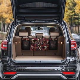 Brosoneto Skull Floral Car Trunk Organizer, Backseat Hanging Large Storage with Adjustable Straps & 4 Pockets, Waterproof Collapsible Cargo Bag, Car Interior Accessories for SUV, Truck, Van