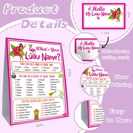 Funny Luau Theme Game Cards Set, What's Your Luau Name Game Card, Including 1 Luau Name Game Sign and 30 Name Sticker, Perfect for Birthday Party Game Activities