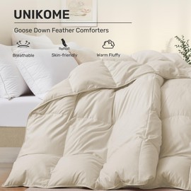 UNIKOME Goose Feather Down Comforter - All Season Duvet Insert with Soft Downproof Cover, Cloud-Like Fluffiness Down Feather Comforters, (Full/Queen, Cream,88"X90")