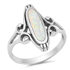 Long Wide Filigree Swirl White Simulated Opal Oval Ring .925 Sterling Silver Celtic Band Size 7