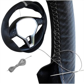 Xkeribom Lenkradbezug zum Schnüren Lenkradhülle Carbon Look Leder 12 Uhr Schwarz GRAU Naht