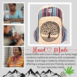 YAK & YETI Handcrafted Hemp Backpack from Nepal – Eco-Friendly, Durable, and Stylish with Adjustable Straps-Multi Pocket-Best for Travel and Hiking-Fits Laptop-For Men and Women-Tree of life Printed