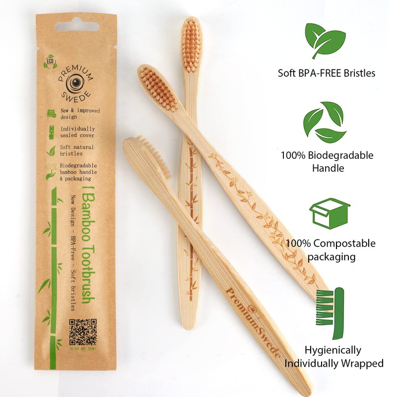Premiumswede Bamboo Toothbrushes Soft Bristles Adult - 8 Pack Eco-Friendly