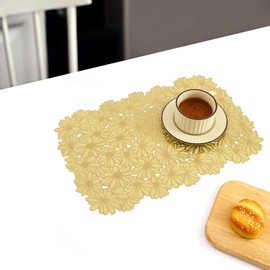 XINYUN Gold Placemats Set of 6 Wipeable Flower Place Mat PVC Hollow Table Mats Washable Non Slip Heat Resistant Easy to Storage Placemats for Kitchen Garden Farmhouse Picnic Dining Table, Large