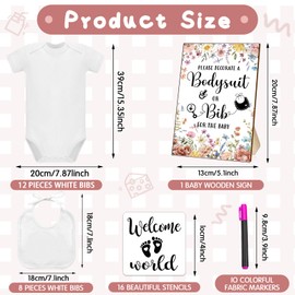 Chuarry 43 Pcs DIY Baby Bibs Decorating Kit 8 Bodysuits 8 Pcs 2 Ply White Bibs 10 Fabric Markers 16 Stencils Baby Shower Sign(Wildflower)