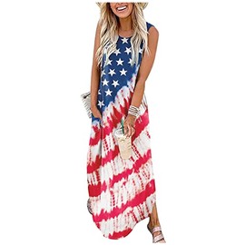 Reverse Rainbow Pocket Sleeveless Maxi Dress for Women Summer Hawaiian Beach Casual Tank Dresses Plain T Shirt Dress(USA Flag-10,Large)