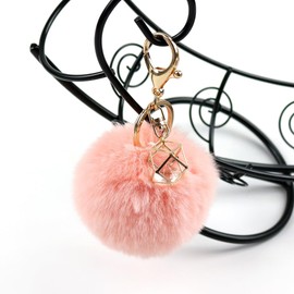 Wisafory Pompoms Key Ring with Rhinestone Faux Fur Bag Pendant Fluffy Plush Ball Keychain Key Ring for Handbag Keys Car, White