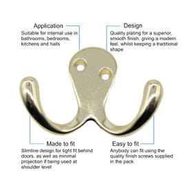 EAI Double Robe Hook for Coats Bath Towels 55x76mm Pack of 4 (Brass)