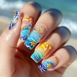 Summer Beach Press on Nails Long Square False Nails with Design Reusable Artificial Fake Nails Beach Nail Tips for Vacation Party Full Cover Glossy Stick on Nail for Salon Manicure 24Pcs