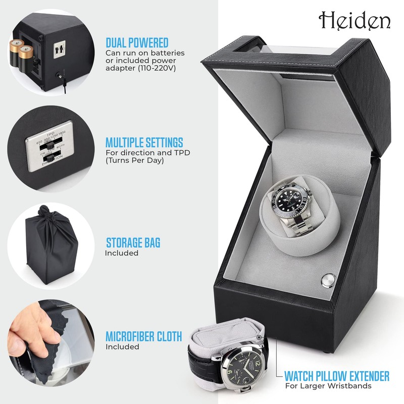 Heiden Battery Powered Single Watch Winder in Black Leather