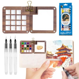 Mini Portable Watercolor Palette Set 7PCS Travel Wooden Watercolor Kit with 3 Brushes, 12 Colors, Wooden Color Palette Box, Clip & Painting Book, Watercolor Paint Set for Beginners & Professional