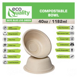 [300 Pack] 40 oz Round Disposable Compostable Paper Bowls Heavy-Duty, Eco-Friendly Natural Bagasse Unbleached, Heat Resistant, 100% Biodegradable Salad Bowls Alternative to Plastic