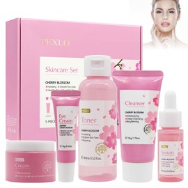 PEXLO Sakura 5-Piece Gift Set Skin Care Set for Women, Skin Care Sets, Gentle Skin Cleansing, Face Care Tool, Cherry Blossom Extract (5 Set)