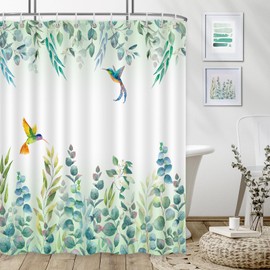 QOQIBU Sage Green Eucalyptus Shower Curtain for Bathroom, Hummingbird Bird Shower Curtains with Watercolor Leaf Plant Pattern, Aesthetic Botanical Bathroom Curtain with 12 Hooks - 72 x72
