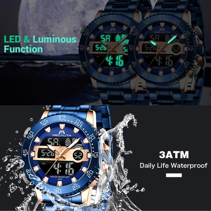 MEGALITH Watches for Men Military Digital: Blue Stainless Steel Waterproof