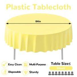CC-SLZP 3 Pack Premium Plastic Tablecloth, 84 inch Disposable Tablecloths Round Leakproof for Parties, Picnic, Camping, Birthday, Weeding (Light Yellow, Round (3 Pack))