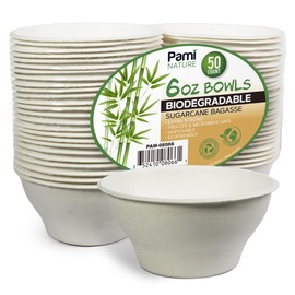PAMI 100% Biodegradable Sugarcane Bowls [Pack of 50] 6 oz. Natural Compostable Soup Bowls- Planet-Friendly Bagasse Bowls For Hot & Cold Uses- Heavy-Duty Disposable Microwavable Paper Serving Bowls