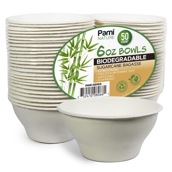 PAMI 100% Biodegradable Sugarcane Bowls [Pack of 50] 6 oz.