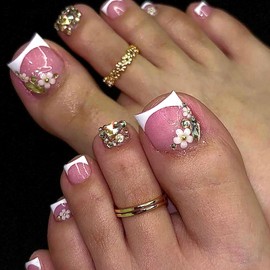 White French Tip Press on Toe Nails Short Square Fake Toe Nails with Flower Rhinestones Pearls Deisgns Glossy Glue on Toenails Light Pink False Toenails Artificial Stick on Toenails for Women 24Pcs