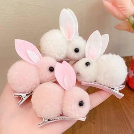 4 Pcs Plush Bunny Hair Clips, Cute Rabbit Hair Claws for Women, Girls - Mini Hairpins for Thin Hair, Easter Hairpin Set Hair Styling Accessories (Pink,White)