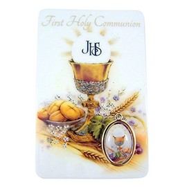 Religious Art First Communion Catholic Holy Prayer Card with Medal