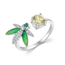 EUSJ 925 Sterling Silver Leaf Gem Ring CZ Open Wrap Green Leaf Ring Hypoallergenic Adjustable Round Gem Statement Rings Unique Birthday Christmas Holiday Gifts, Gemstone, Cubic Zirconia