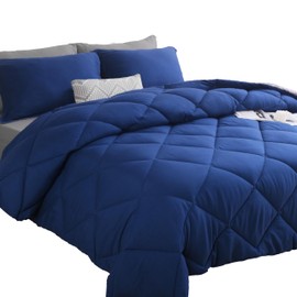 HIG Reversible 7-Piece Queen Comforter Set – Navy Quilted Down Alternative Bedding Set, All-Season Super Soft Microfiber Bed in a Bag Comforter Sets with Sheets, Pillowcases & Shams